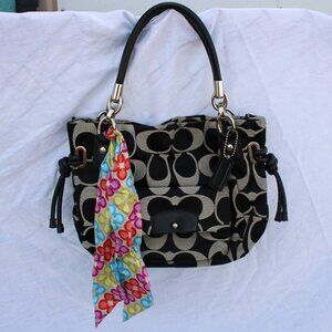 Coach Kristen Signature Sateen East/West Tote F22303 Black & Khaki w/ Scarf